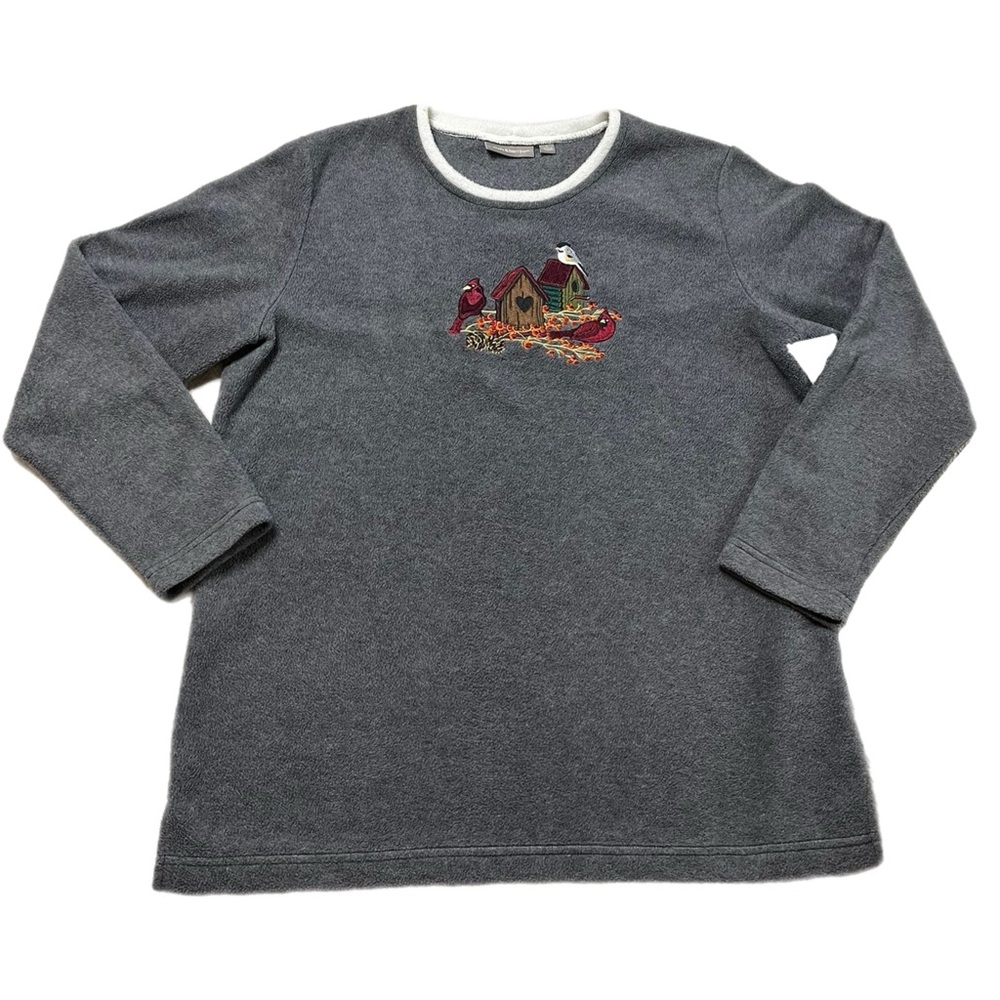 Y2K VTG Grey Fleece Burgundy Songbird Treehouse Applique Sweatshirt Top L